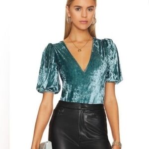 Free People Don't You Wish Crushed Velvet Bodysuit Blue Size Medium Stretchy